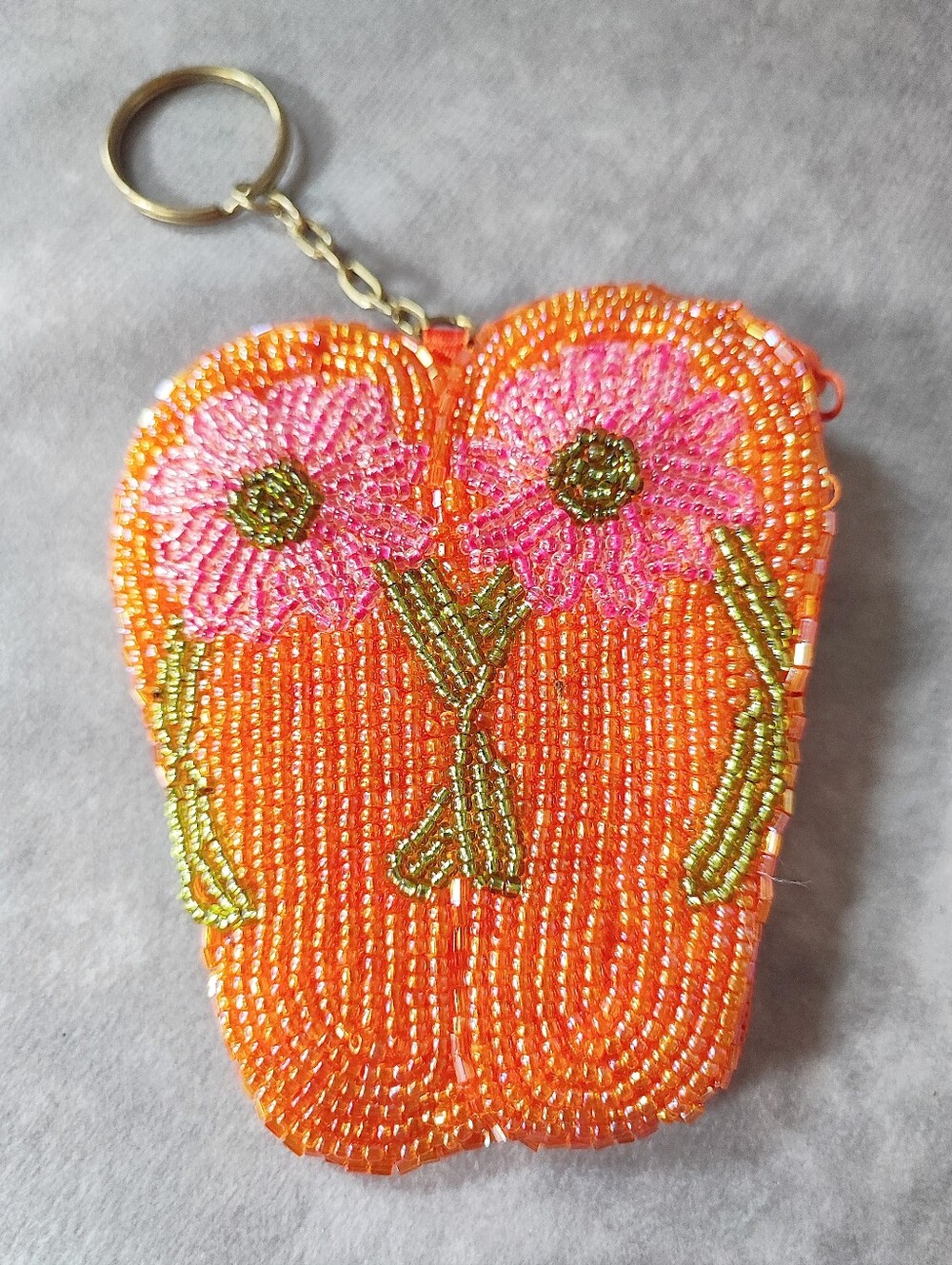 Flip Flop Sandals Seed Bead Coin Purse Keychain Orange Pink Green Flowers NEW